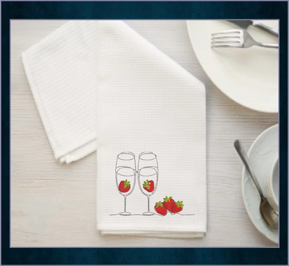 Champagne Flutes & Strawberries Continuous Line Art Machine Embroidery Design, 8 Sizes (0533)