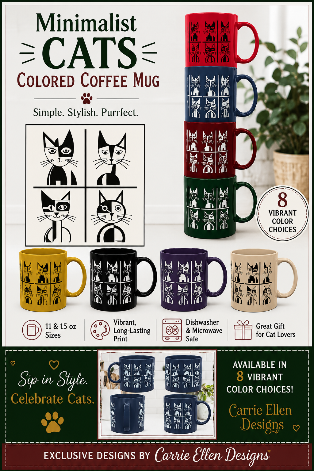 Geometric Cat Color Mug | Minimalist Cat 11oz Ceramic Coffee Mug | 8 Color Choices (4276)