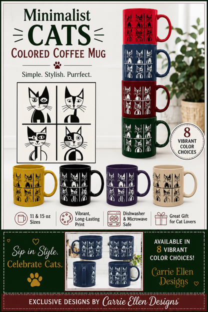 Geometric Cat Color Mug | Minimalist Cat 11oz Ceramic Coffee Mug | 8 Color Choices (4276)