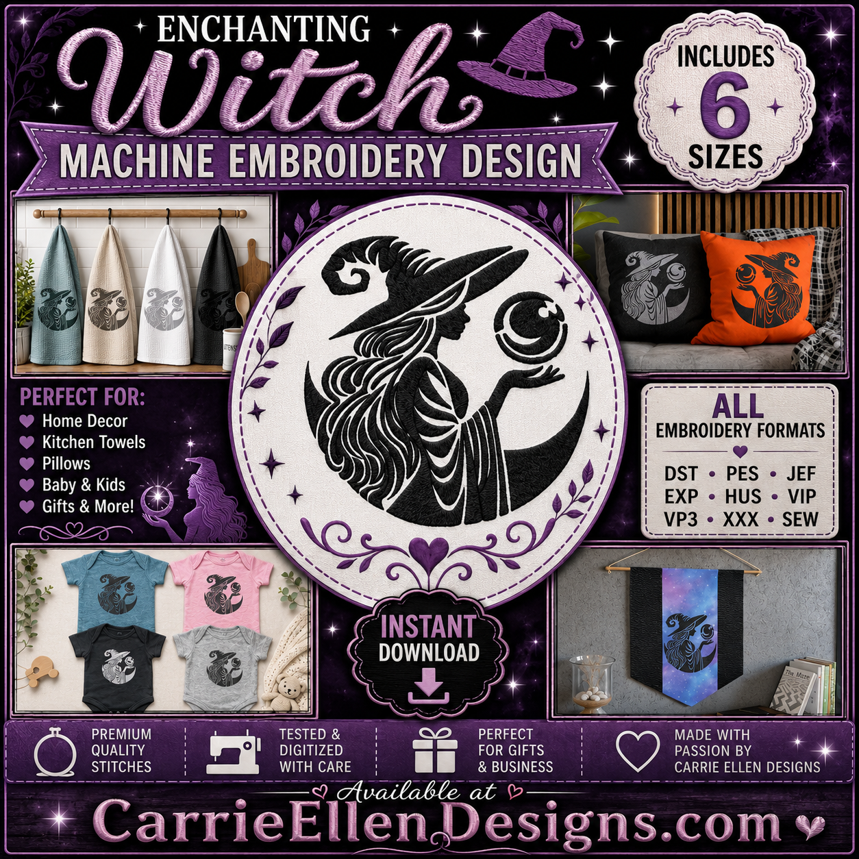 Enchanting Witch Machine Embroidery Design Halloween Digital Download File,  6 Sizes (4283)