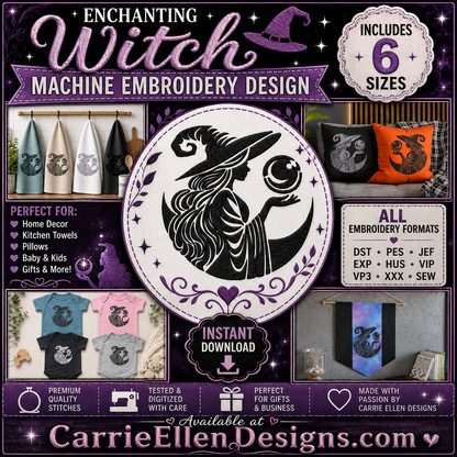 Enchanting Witch Machine Embroidery Design Halloween Digital Download File,  6 Sizes (4283)