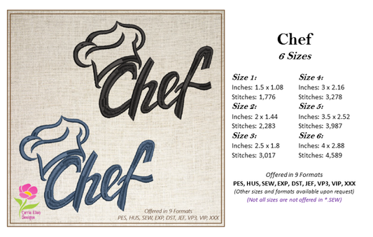 Chef Hat Machine Embroidery Design | Chef Hat Outline with Text | Kitchen & Culinary Embroidery | 6 Sizes (0630)