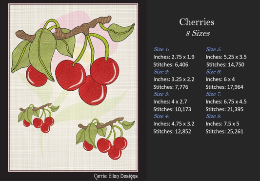 Cherries on the Branch Machine Embroidery Design | Summer Fruit Artistic Drawing | Fruit and Vegetables Design | 8 Sizes (0950)