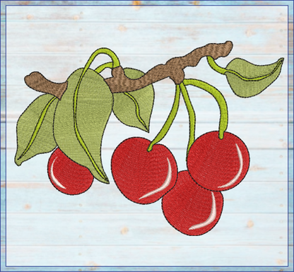Cherries on the Branch Machine Embroidery Design | Summer Fruit Artistic Drawing | Fruit and Vegetables Design | 8 Sizes (0950)