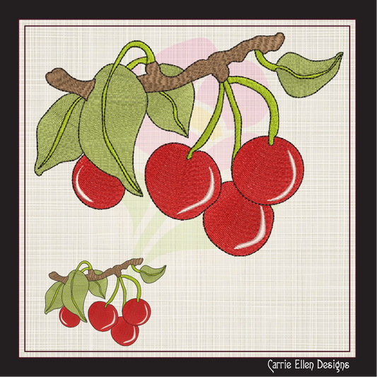 Cherries on the Branch Machine Embroidery Design | Summer Fruit Artistic Drawing | Fruit and Vegetables Design | 8 Sizes (0950)