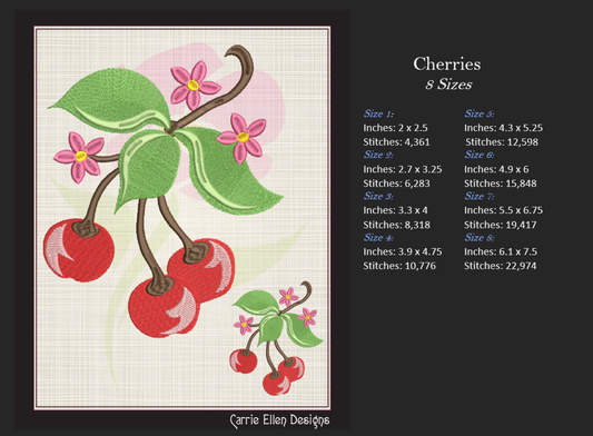 Cherries with Blossom Machine Embroidery Design | Summer Fruit Artistic Drawing | Fruit and Vegetables Design | 8 Sizes (0951)