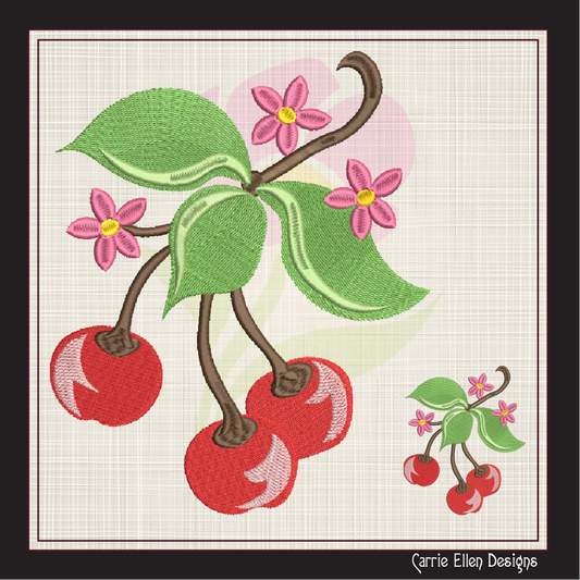 Cherries with Blossom Machine Embroidery Design | Summer Fruit Artistic Drawing | Fruit and Vegetables Design | 8 Sizes (0951)