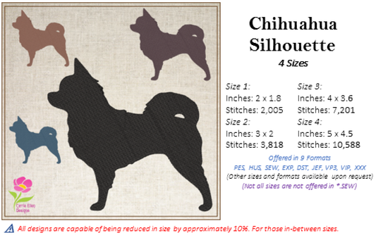 Chihuahua Silhouette Machine Embroidery Design | Pet Dog Animal Embroidery Design | 4 Sizes (0582)