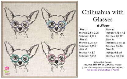 Chihuahua with Glasses Machine Embroidery Design | Cute Puppy Dog Sketch | Chihuahua Animal Line Art Pattern | 6 Sizes (0805)