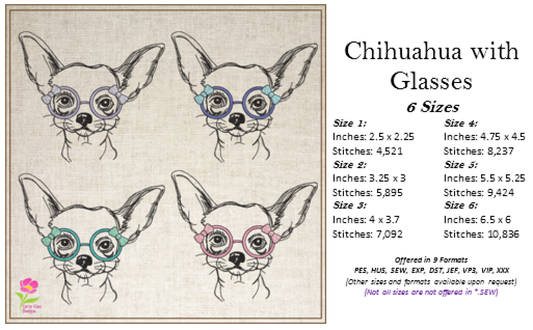 Chihuahua with Glasses Machine Embroidery Design | Cute Puppy Dog Sketch | Chihuahua Animal Line Art Pattern | 6 Sizes (0805)