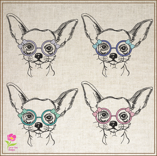 Chihuahua with Glasses Machine Embroidery Design | Cute Puppy Dog Sketch | Chihuahua Animal Line Art Pattern | 6 Sizes (0805)