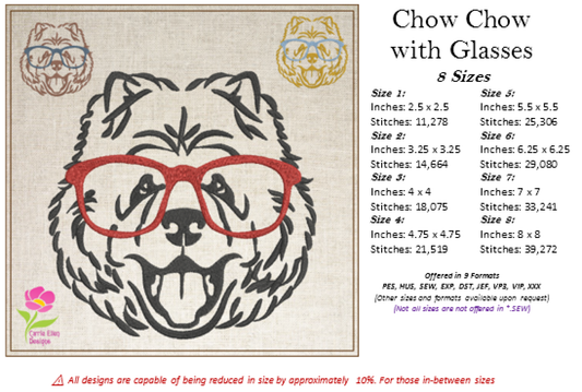 Chow Chow with Glasses Machine Embroidery Design | Cute Puppy Sketch Line Art | Pet Dog Animal Embroidery Pattern | 8 Sizes (0802)