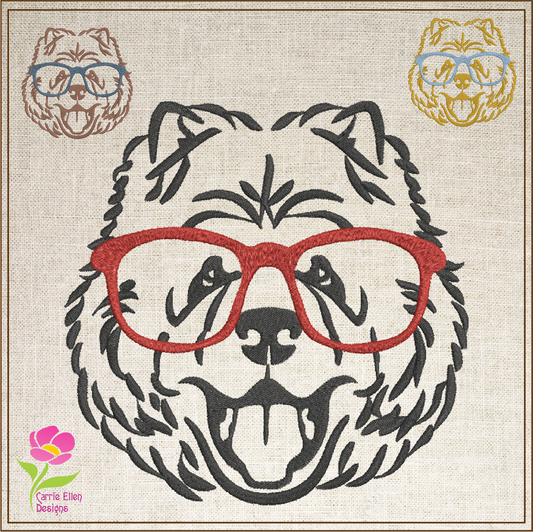 Chow Chow with Glasses Machine Embroidery Design | Cute Puppy Sketch Line Art | Pet Dog Animal Embroidery Pattern | 8 Sizes (0802)