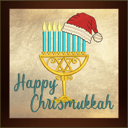 Chrismukkah Machine Embroidery Design – Menorah with Santa Cap, Jewish Christmas Hanukkah Stitch File, 8 Sizes (3325)