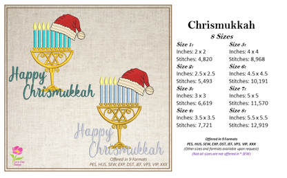 Chrismukkah Machine Embroidery Design – Menorah with Santa Cap, Jewish Christmas Hanukkah Stitch File, 8 Sizes (3325)