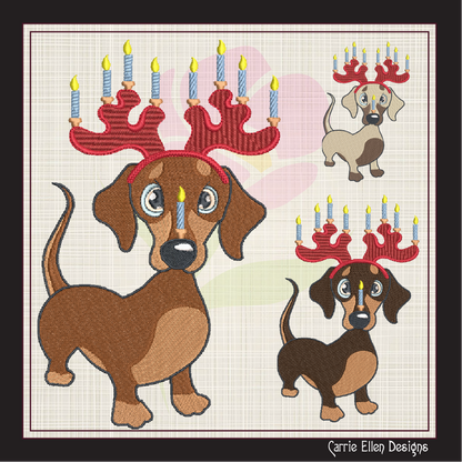Dachshund Chrismukkah Machine Embroidery Design – Holiday Dog with Menorah Antlers Cartoon, 6 Sizes (1093)