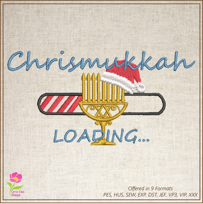 Chrismukkah Loading Santa Hat and Menorah Machine Embroidery Design – Hanukkah Christmas Holiday Design – 6 Sizes (0251)