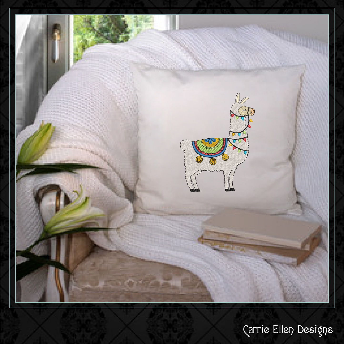 Christmas Llama with Lights and Bells Machine Embroidery Design – Festive Alpaca Holiday Pattern – 8 Sizes (1004)