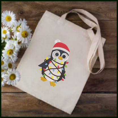 Christmas Penguin Machine Embroidery Design – Penguin Tangled in Christmas Lights, Holiday Embroidery Pattern (1007)