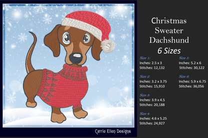 Christmas Dachshund Dog Embroidery Design – Dachshund in Sweater and Santa Hat, 6 Sizes (1090)