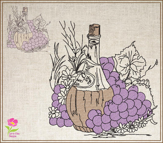 Classic Wine Bottle Machine Embroidery Design – Vineyard Grapes & Bottle Embroidery Pattern, 6 Sizes (0571)