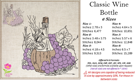 Classic Wine Bottle Machine Embroidery Design – Vineyard Grapes & Bottle Embroidery Pattern, 6 Sizes (0571)