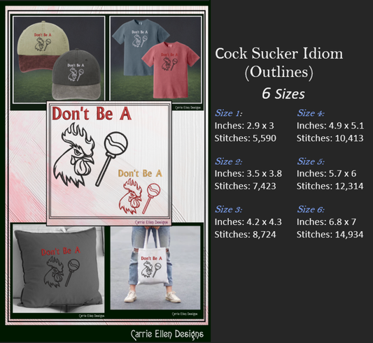 Don’t Be A Cock Sucker – Snarky Machine Embroidery Design | Rooster & Lollipop Idiom Outline Pattern, 6 Sizes (3231)
