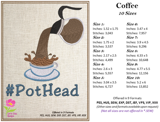 Coffee Embroidery Design – Coffee Pot and Cup Pattern – Coffee Lover Machine Embroidery – 10 Sizes (0169)