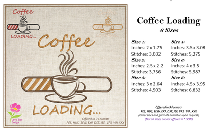 Coffee Loading Machine Embroidery Design | Loading Tech Bar Coffee Pot | Coffee Lover Gift | Hot Coffee Embroidery | 6 Sizes (0632)