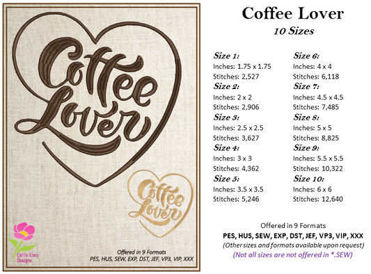 Coffee Lover Machine Embroidery Design | Coffee Text with Heart | Hot Coffee Embroidery | Coffee Lover Gift | 10 Sizes (0637)
