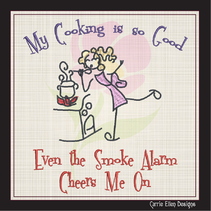 Cooking So Good Smoke Alarm Cheers Embroidery Design – Funny Cooking Cartoon Saying for Kitchen Aprons, 8 Sizes (1076)