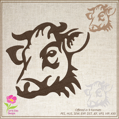 Cow Machine Embroidery Design – Cow Head Silhouette Pattern, Farm Animal Embroidery, Country Farm Décor, 6 Sizes (0455)