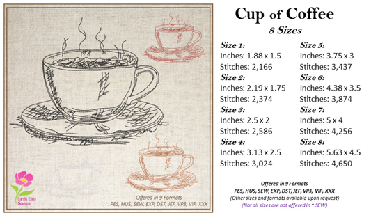 Coffee Cup Sketch Machine Embroidery Design | Espresso Café Line Art | Coffee Lover Gift | 8 Sizes (0633)