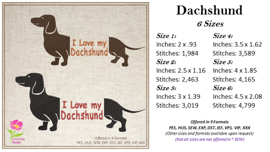 I Love My Dachshund Machine Embroidery Design – Dog Lover Gift, Sausage Dog Embroidery Pattern, 6 Sizes (0489)