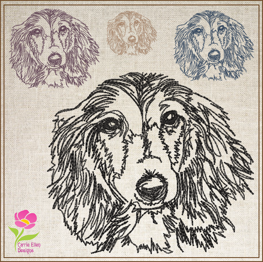 Dachshund Sketch Machine Embroidery Design – Long-Haired Dog Lover Line Art Pattern, 4 Sizes (0496)