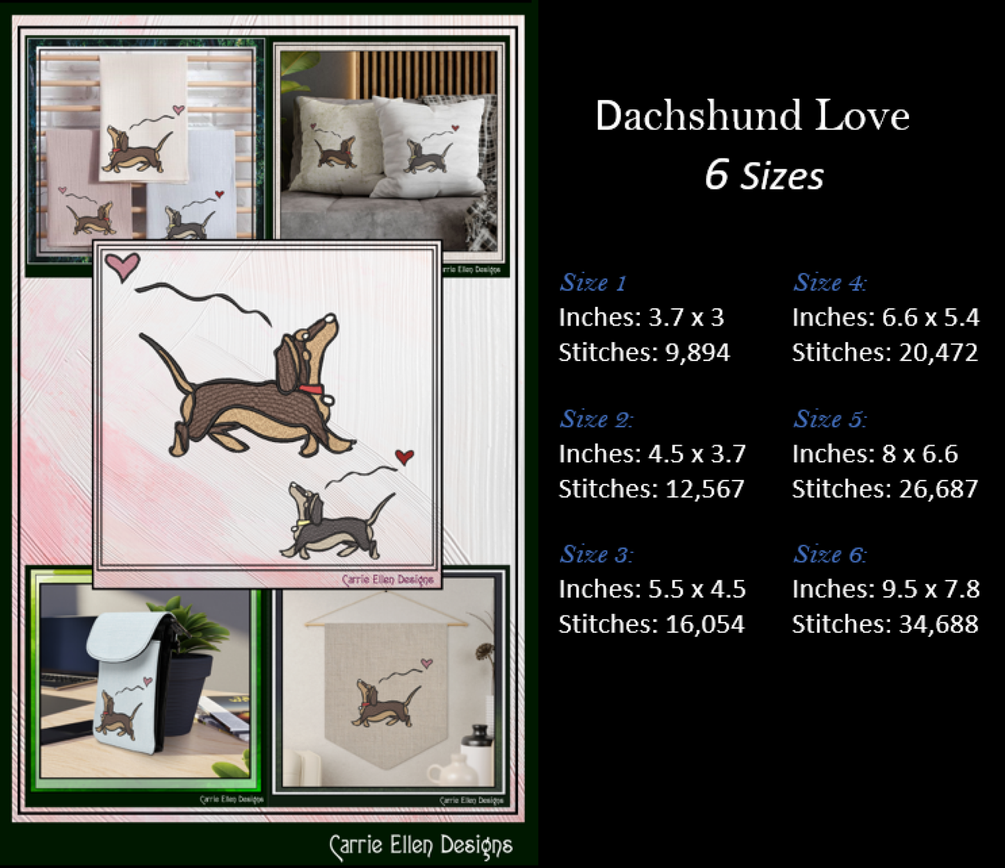 Dachshund Love Machine Embroidery Design | Cute Wiener Dog Heart Stitch File, 6 sizes (4080)