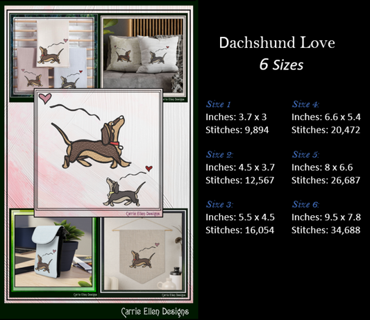 Dachshund Love Machine Embroidery Design | Cute Wiener Dog Heart Stitch File, 6 sizes (4080)