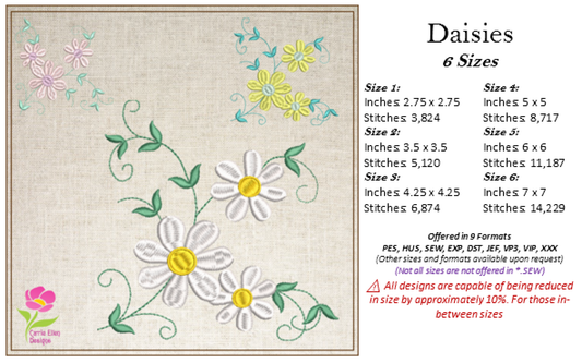 Daisies Machine Embroidery Design | Garden Flowers & Floral Bouquet Pattern | Botanical Embroidery | 6 Sizes (0594)