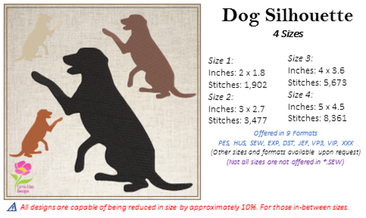 Dog Silhouette Machine Embroidery Design | Pet Animal Embroidery Design | 4 Sizes (0578)
