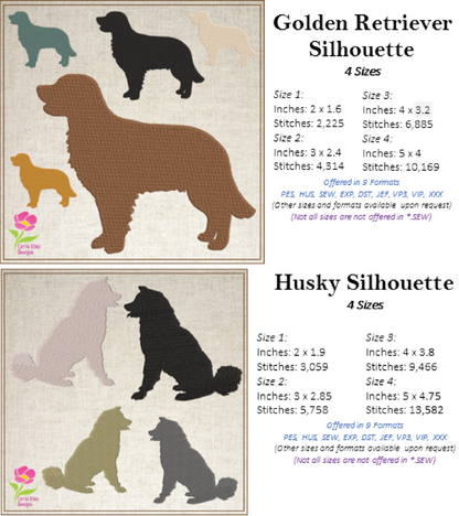 Dog Silhouette Bundle Machine Embroidery Design | Puppy & Dog Pattern Collection | Pet Embroidery Designs | 9 Designs, 4 Sizes Each (0583)