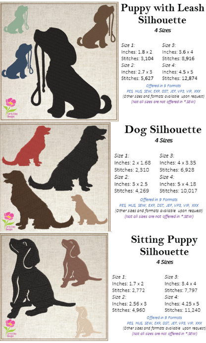 Dog Silhouette Bundle Machine Embroidery Design | Puppy & Dog Pattern Collection | Pet Embroidery Designs | 9 Designs, 4 Sizes Each (0583)