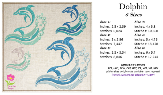 Dolphin Machine Embroidery Design, Bottlenose Dolphin Embroidery Pattern, Jumping Dolphin Design, 6 Sizes (0354)