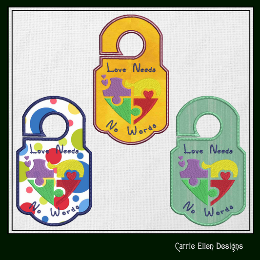 Autism Door Knob Hanger Machine Embroidery Design, Love Needs No Words Puzzle Heart, In The Hoop Machine Embroidery Project (1473)