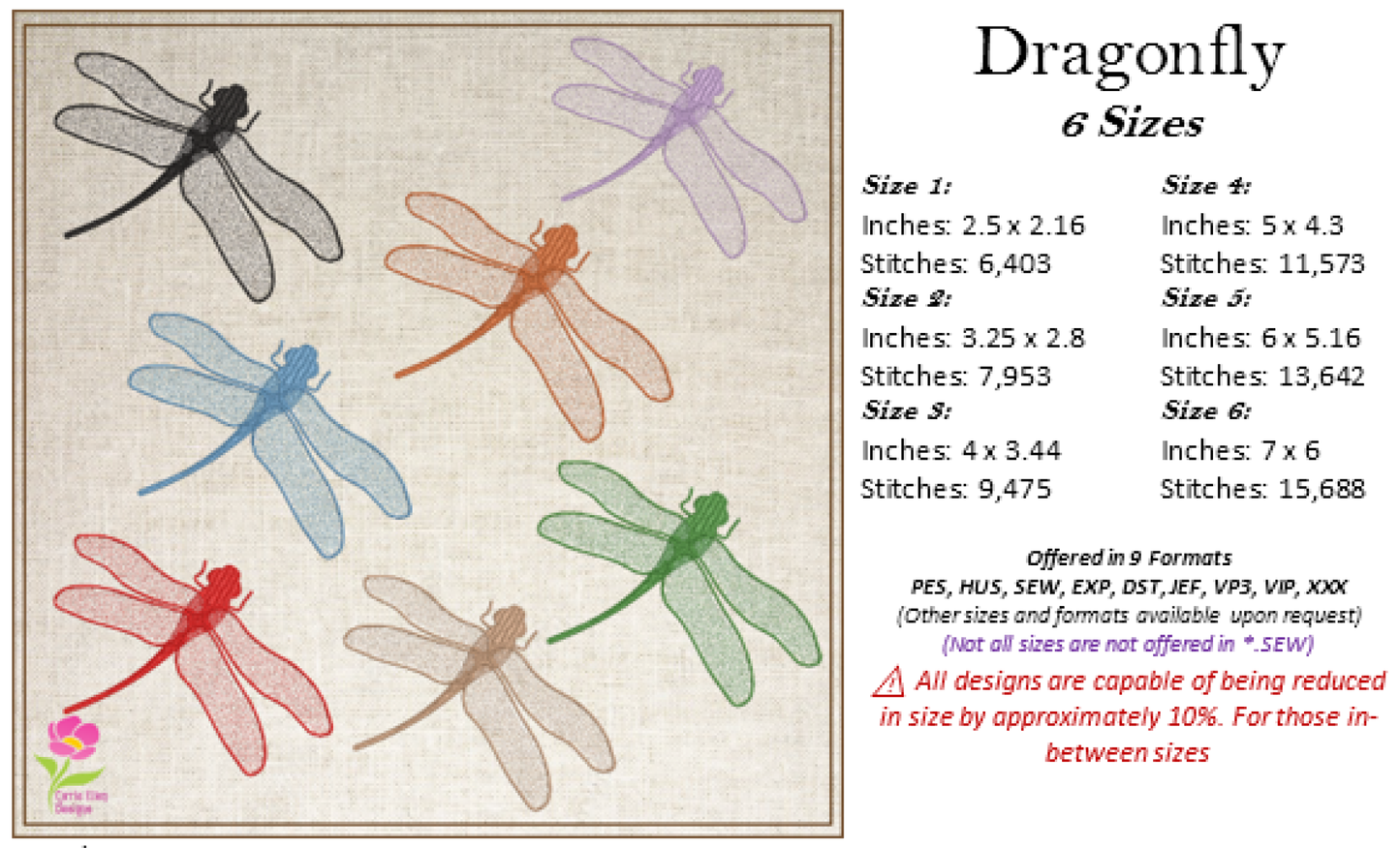 Dragonfly Machine Embroidery Design | Insect Embroidery Pattern | Garden Dragonflies & Bees Embroidery | 6 Sizes (0546)