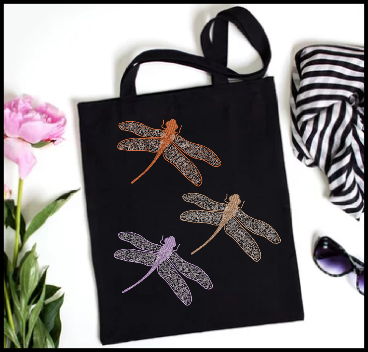 Dragonfly Machine Embroidery Design | Insect Embroidery Pattern | Garden Dragonflies & Bees Embroidery | 6 Sizes (0546)