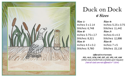 Duck on Dock Embroidery Design – Bird Line Art – Lakeside Machine Embroidery File, 6 Sizes (0666)
