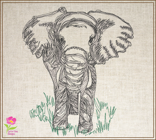 Elephant Machine Embroidery Sketch Design, Grazing Safari Elephant Artistic Line Art Pattern, Large Land Animal, 6 Size (0522)