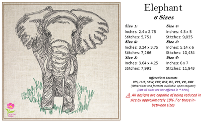 Elephant Machine Embroidery Sketch Design, Grazing Safari Elephant Artistic Line Art Pattern, Large Land Animal, 6 Size (0522)