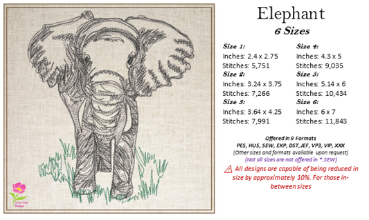 Elephant Machine Embroidery Sketch Design, Grazing Safari Elephant Artistic Line Art Pattern, Large Land Animal, 6 Size (0522)
