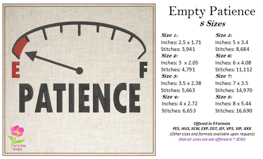 Patience on Empty Machine Embroidery Design – Funny Patience Meter, Sayings & Quotes, 8 Sizes (0344)